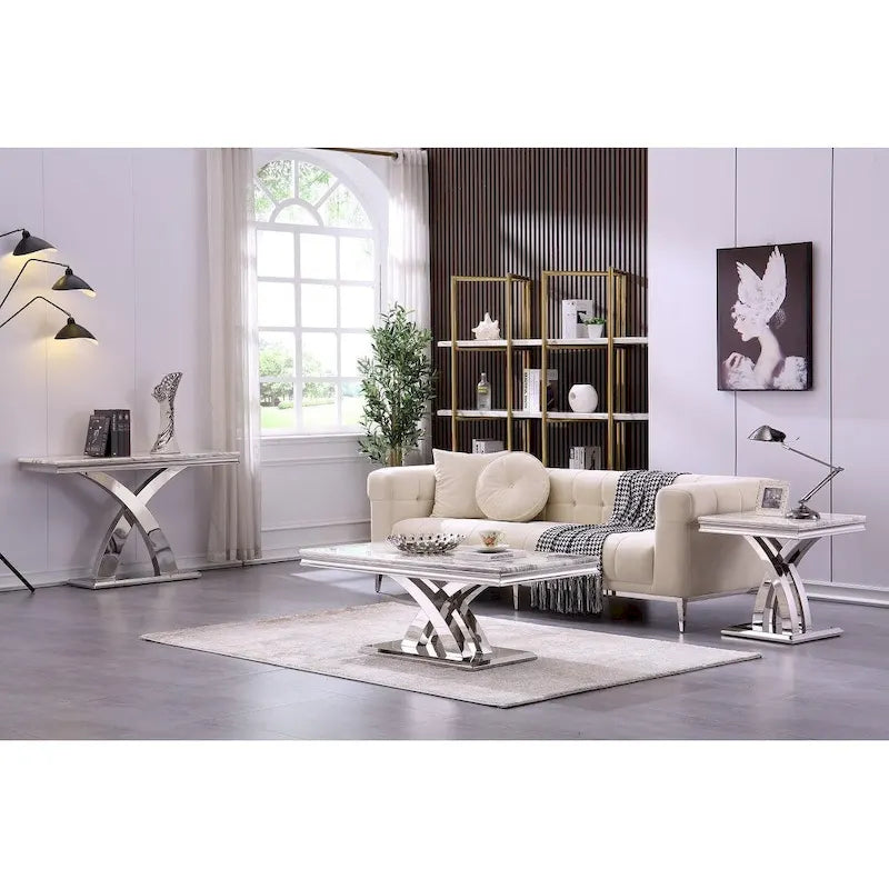 Modern Metal End Table with Square Gloss Top and X-Cross Base