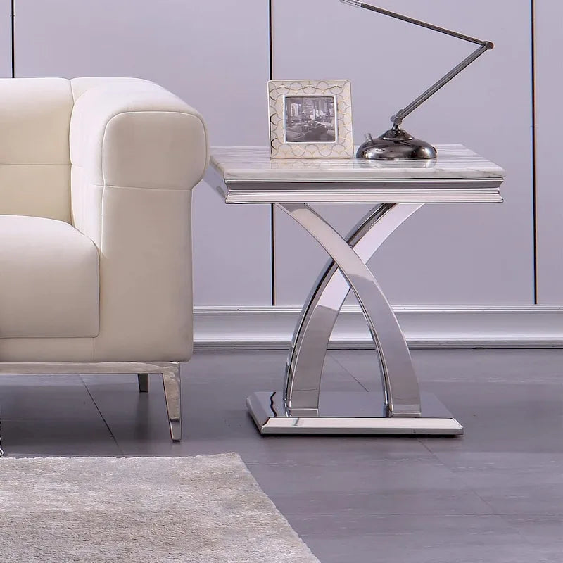 Modern Metal End Table with Square Gloss Top and X-Cross Base