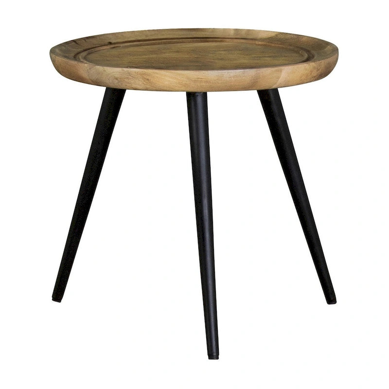 Piyo 22 Inch Round End Table, Raised Edge Wood Top, Tripod Black Iron Legs