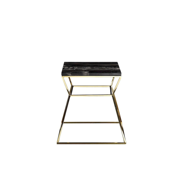 Lio 18 Inch Side End Table, Black Marble Top, Gold Open Hourglass Frame