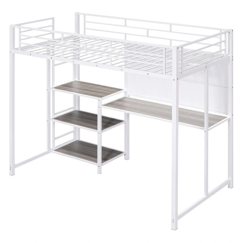 Twin Size Metal Loft Bed with Desk, Shelves, and Ladder - Sturdy Steel Frame for Kids' Exploration