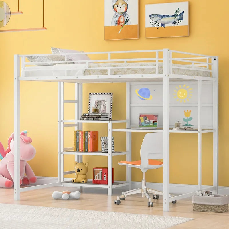 Twin Size Metal Loft Bed with Desk, Shelves, and Ladder - Sturdy Steel Frame for Kids' Exploration