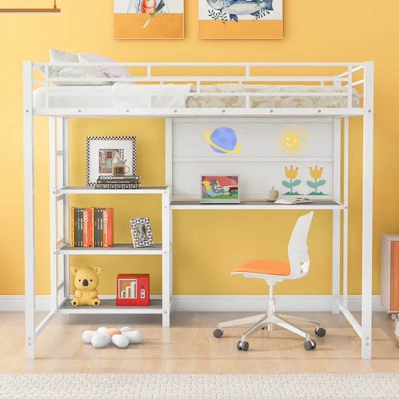 Twin Size Metal Loft Bed with Desk, Shelves, and Ladder - Sturdy Steel Frame for Kids' Exploration