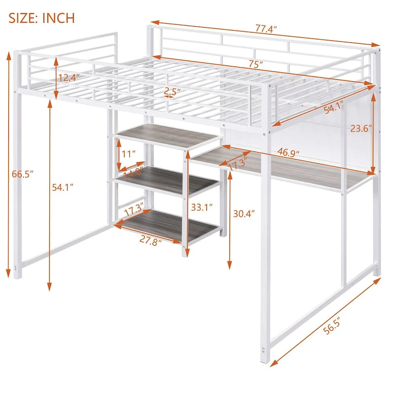 Twin Size Metal Loft Bed with Desk, Shelves, and Ladder - Sturdy Steel Frame for Kids' Exploration