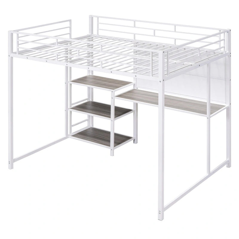 Twin Size Metal Loft Bed with Desk, Shelves, and Ladder - Sturdy Steel Frame for Kids' Exploration