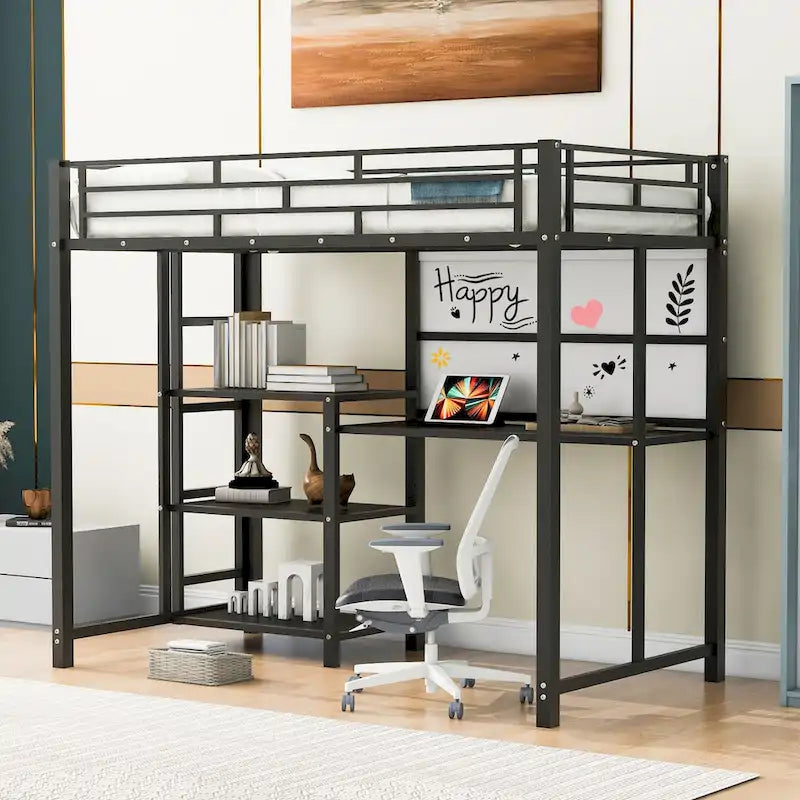 Twin Size Metal Loft Bed with Desk, Shelves, and Ladder - Sturdy Steel Frame for Kids' Exploration