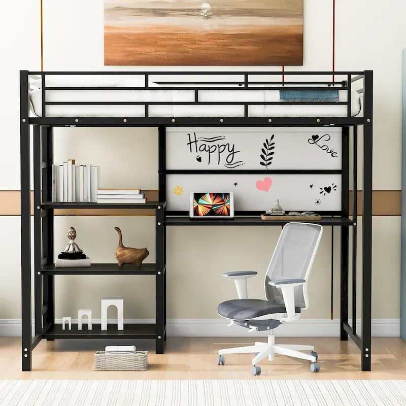 Twin Size Metal Loft Bed with Desk, Shelves, and Ladder - Sturdy Steel Frame for Kids' Exploration