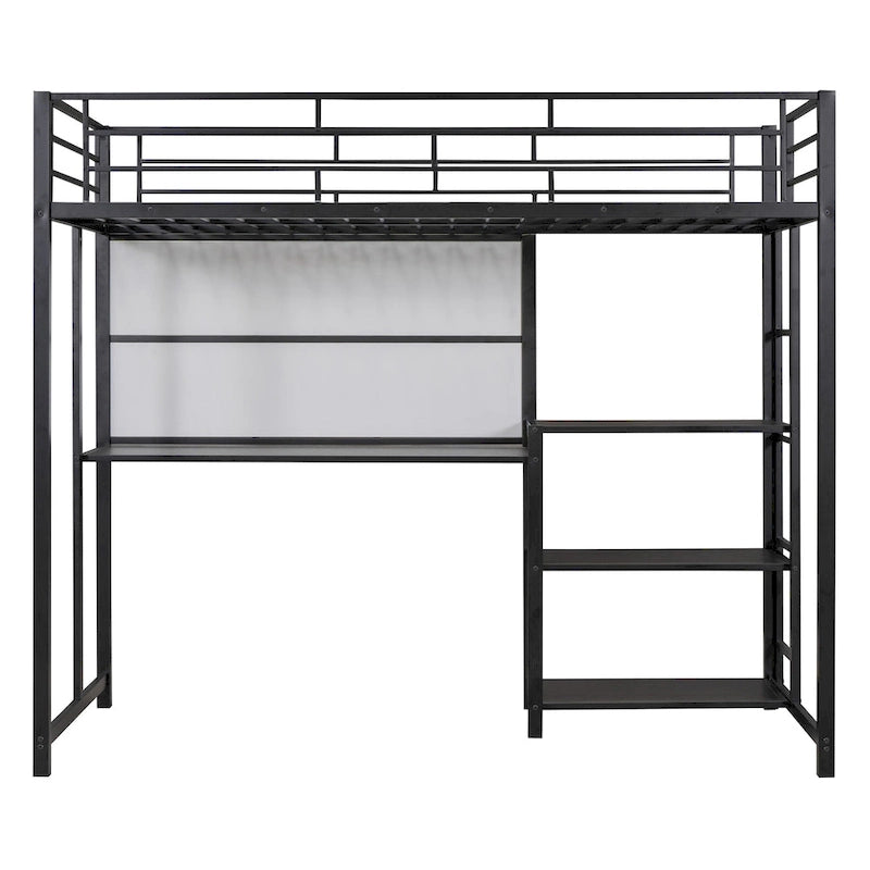 Twin Size Metal Loft Bed with Desk, Shelves, and Ladder - Sturdy Steel Frame for Kids' Exploration