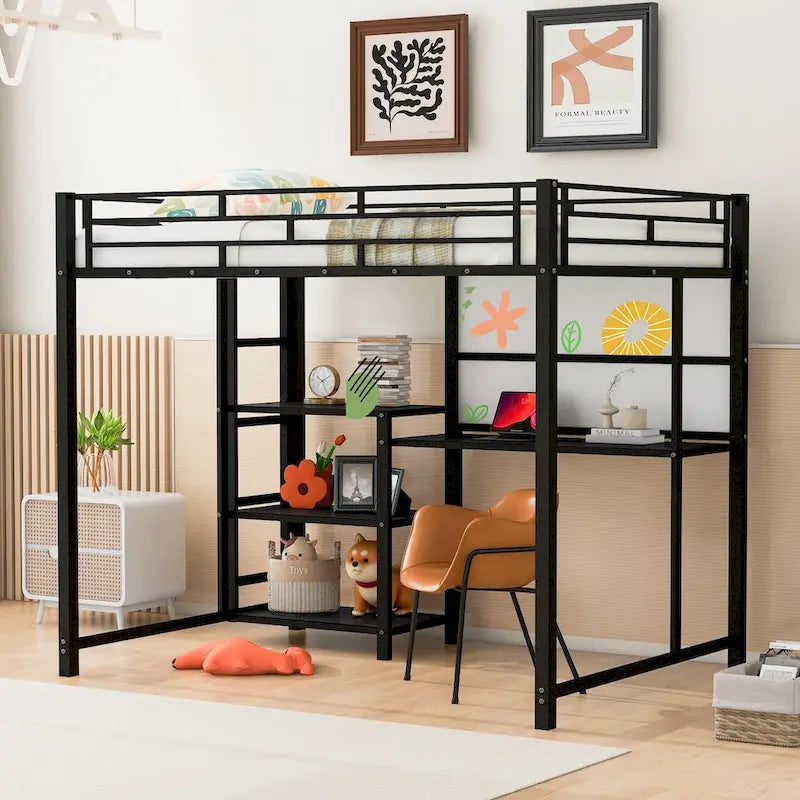 Twin Size Metal Loft Bed with Desk, Shelves, and Ladder - Sturdy Steel Frame for Kids' Exploration