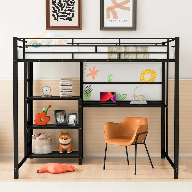 Twin Size Metal Loft Bed with Desk, Shelves, and Ladder - Sturdy Steel Frame for Kids' Exploration