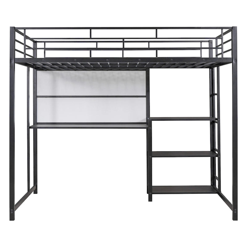 Twin Size Metal Loft Bed with Desk, Shelves, and Ladder - Sturdy Steel Frame for Kids' Exploration