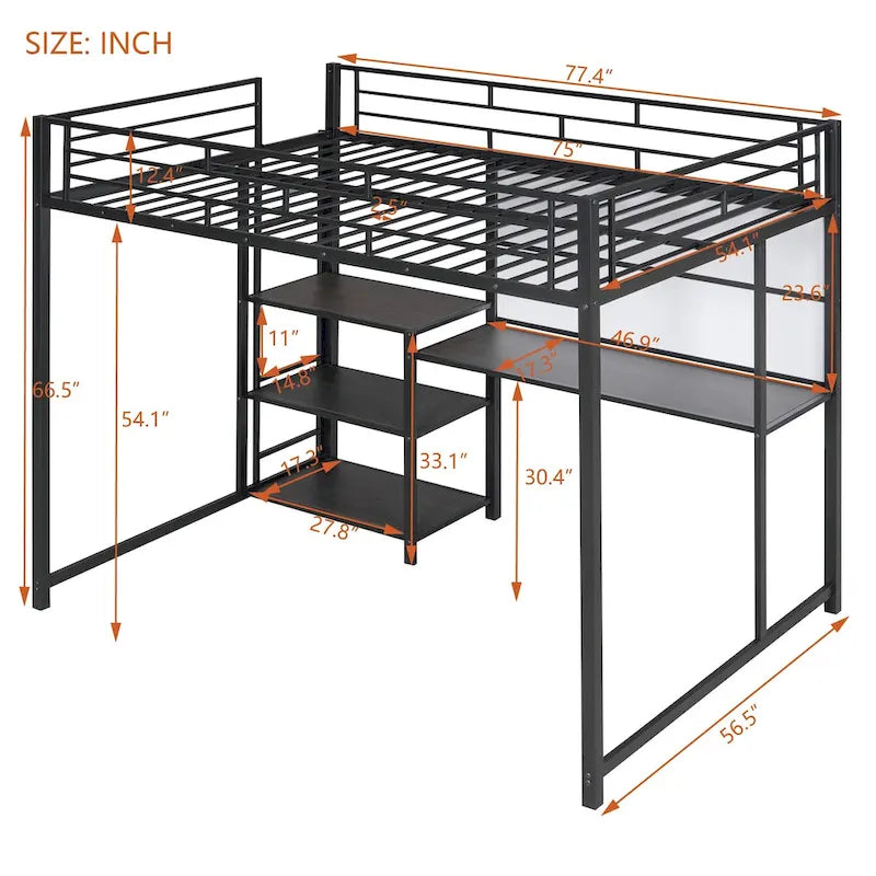 Twin Size Metal Loft Bed with Desk, Shelves, and Ladder - Sturdy Steel Frame for Kids' Exploration