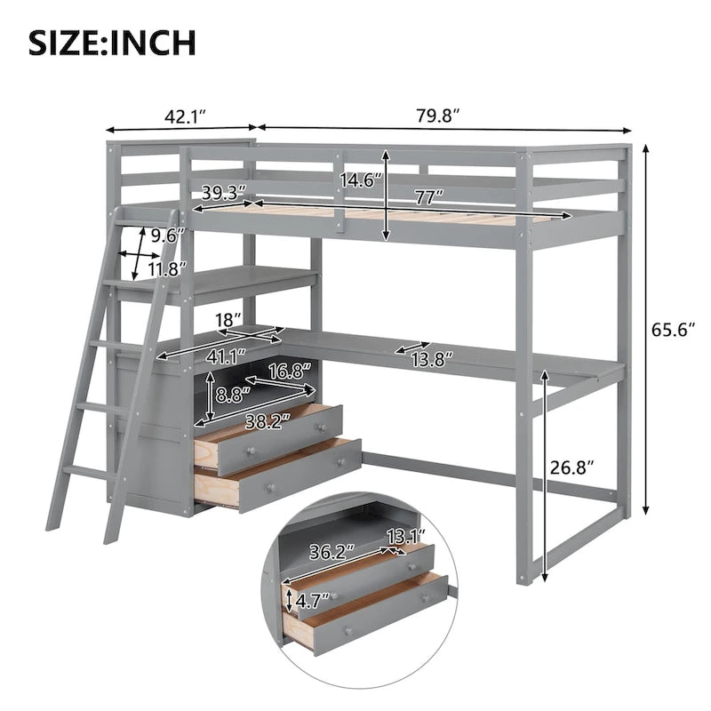 Loft Bed with Desk and Shelves, Two Built-in Drawers