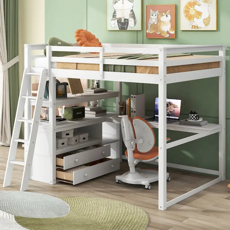 Loft Bed with Desk and Shelves, Two Built-in Drawers