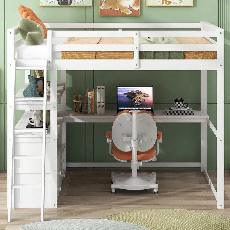 Loft Bed with Desk and Shelves, Two Built-in Drawers