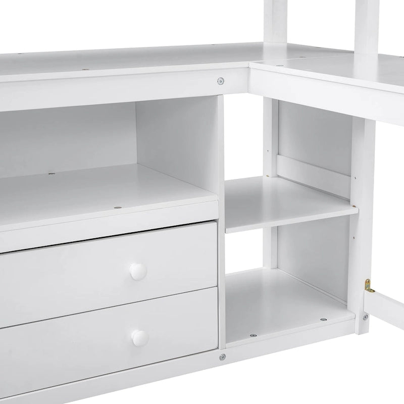 Loft Bed with Desk and Shelves, Two Built-in Drawers
