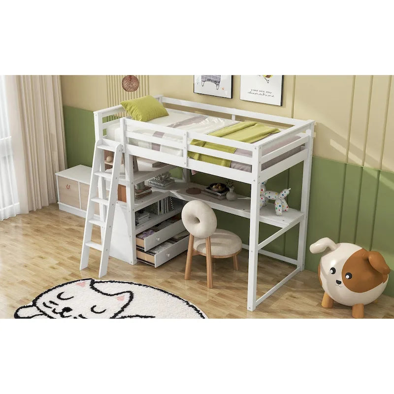 Loft Bed with Desk and Shelves, Two Built-in Drawers
