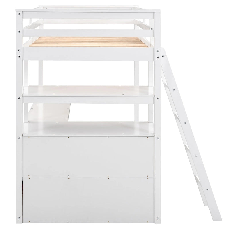 Loft Bed with Desk and Shelves, Two Built-in Drawers