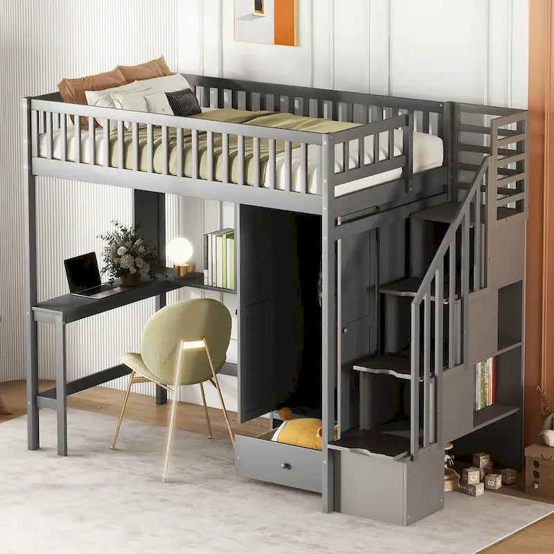 Loft Bed with Bookshelf, Drawers, Desk and Wardrobe