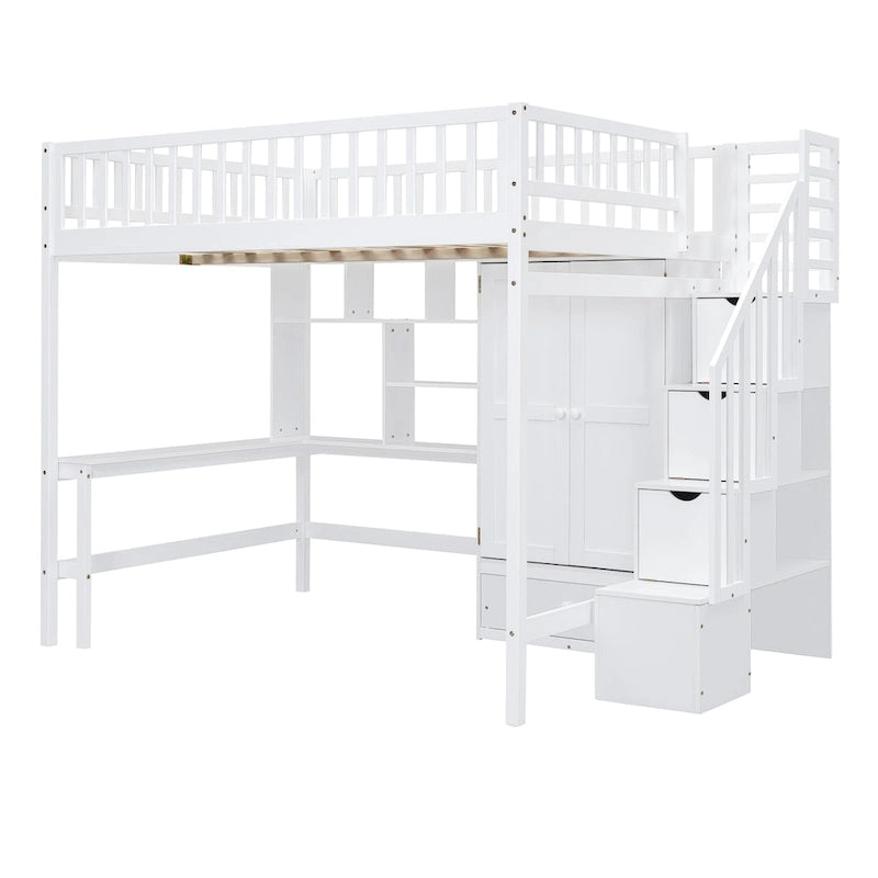 Loft Bed with Bookshelf, Drawers, Desk and Wardrobe