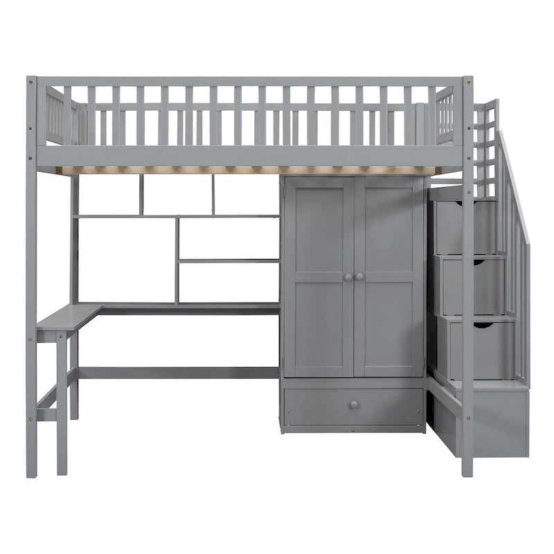 Loft Bed with Bookshelf, Drawers, Desk and Wardrobe