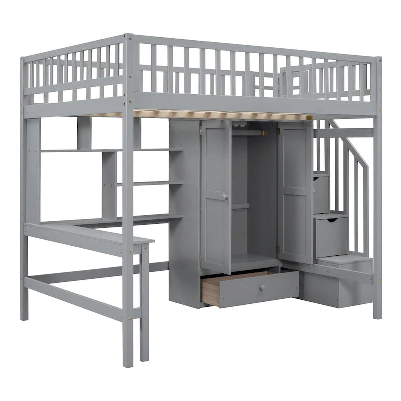 Loft Bed with Bookshelf, Drawers, Desk and Wardrobe