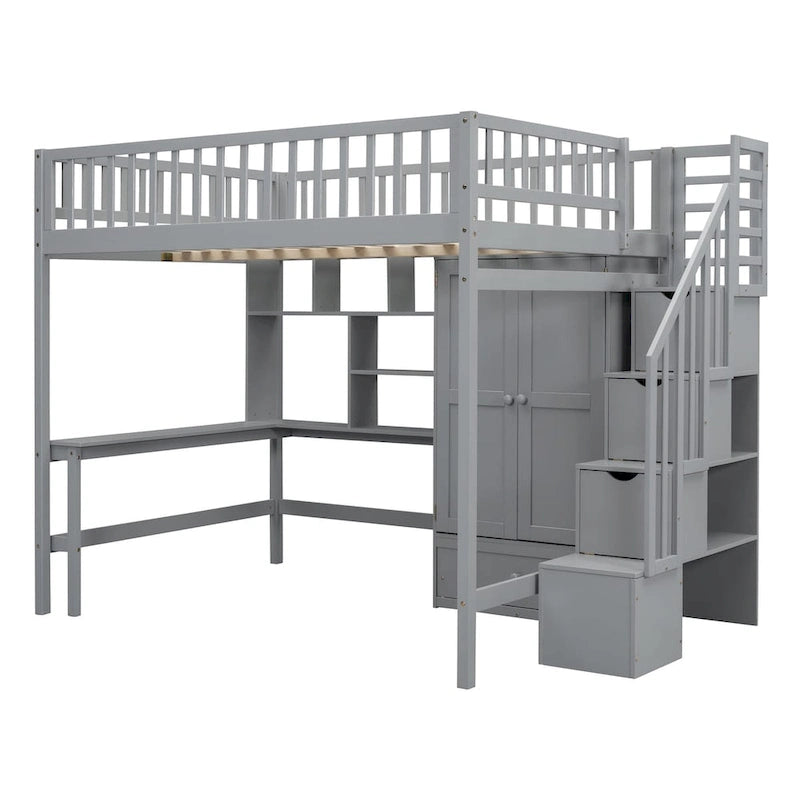Loft Bed with Bookshelf, Drawers, Desk and Wardrobe