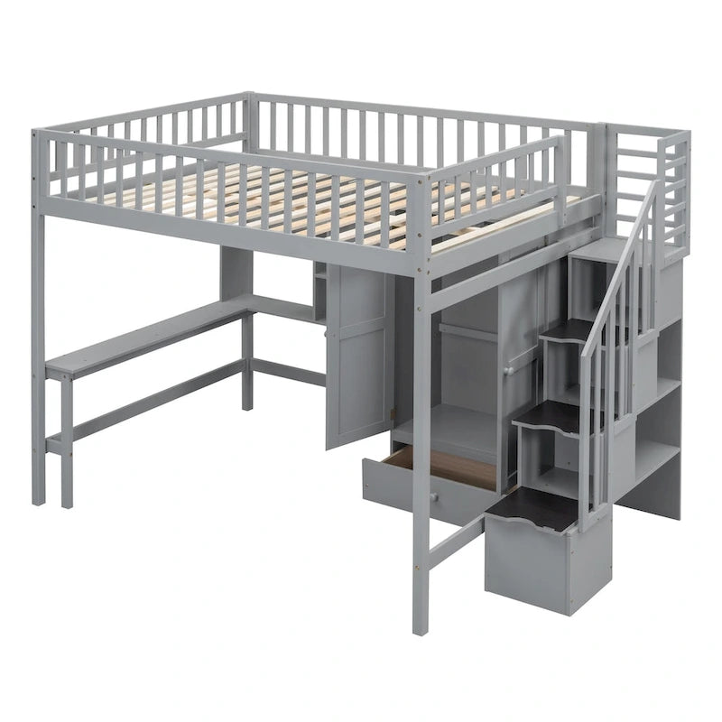 Loft Bed with Bookshelf, Drawers, Desk and Wardrobe