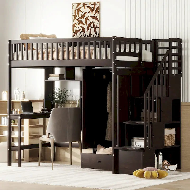 Loft Bed with Bookshelf, Drawers, Desk and Wardrobe