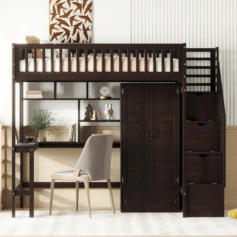 Loft Bed with Bookshelf, Drawers, Desk and Wardrobe