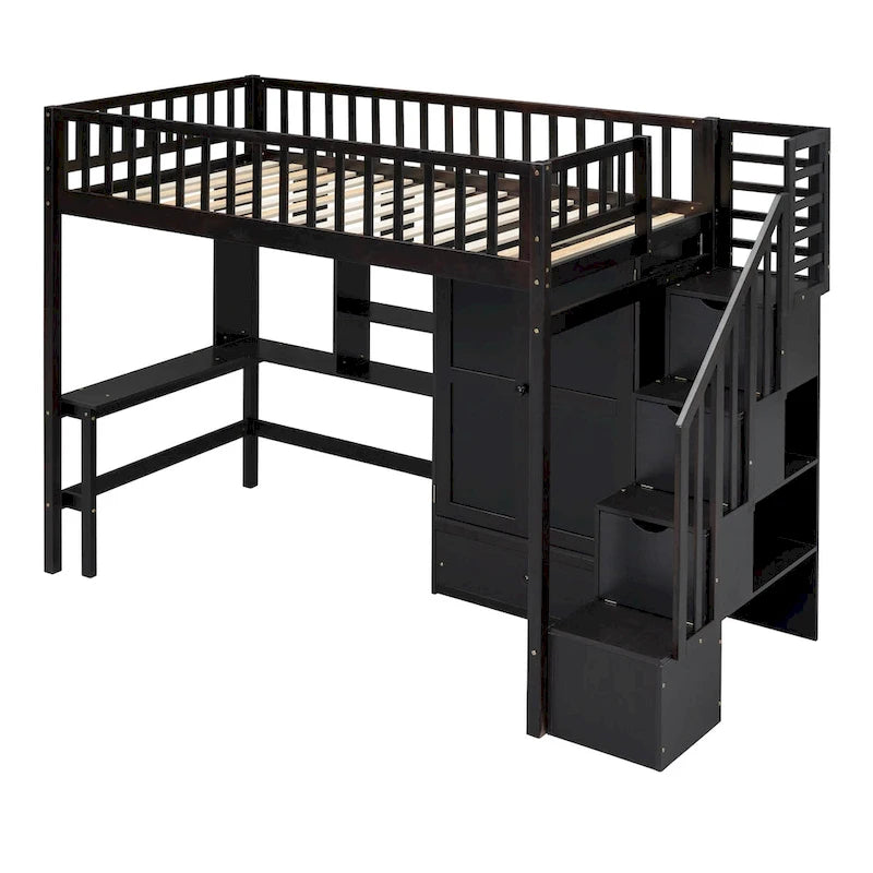 Loft Bed with Bookshelf, Drawers, Desk and Wardrobe