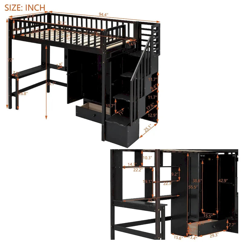 Loft Bed with Bookshelf, Drawers, Desk and Wardrobe