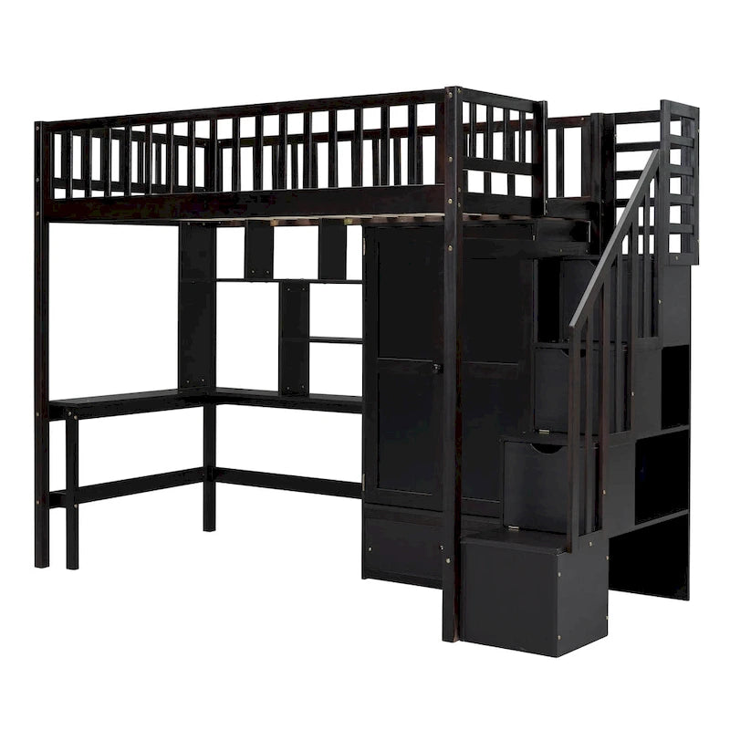 Loft Bed with Bookshelf, Drawers, Desk and Wardrobe