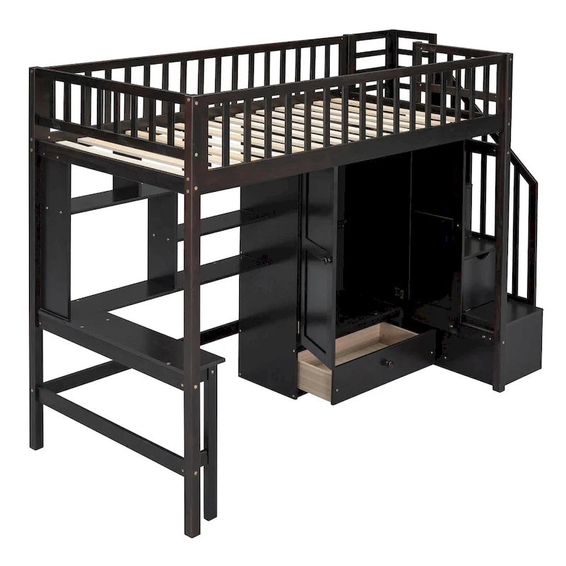 Loft Bed with Bookshelf, Drawers, Desk and Wardrobe