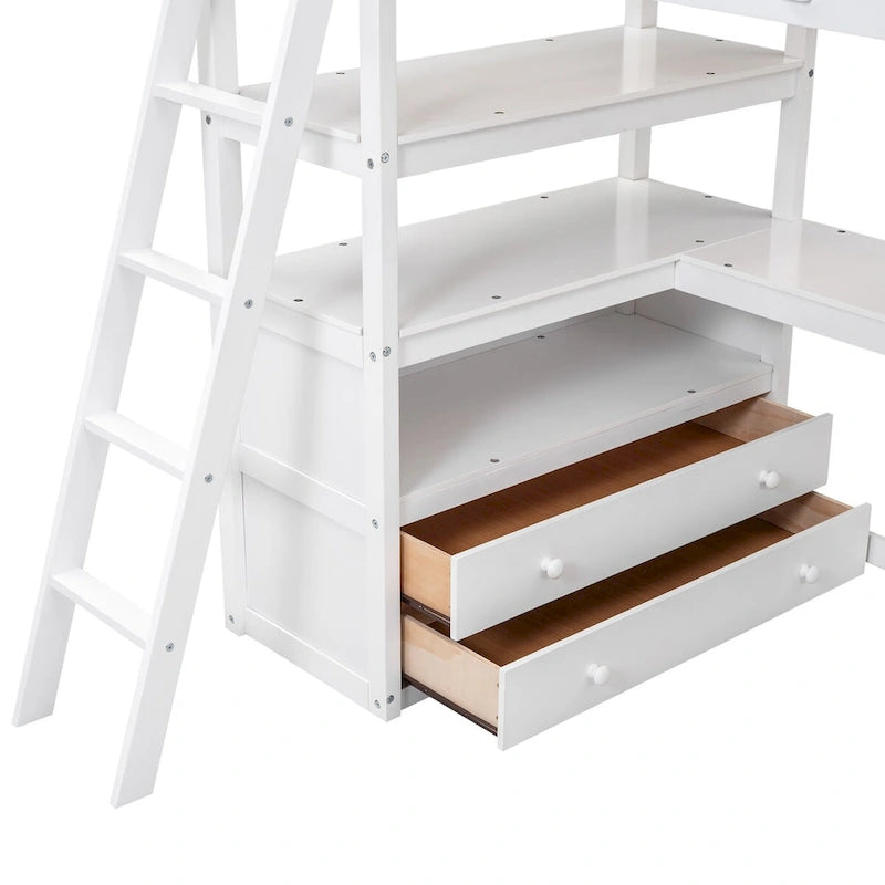White Loft Bed with Desk and Shelves, Two Built-in Drawers