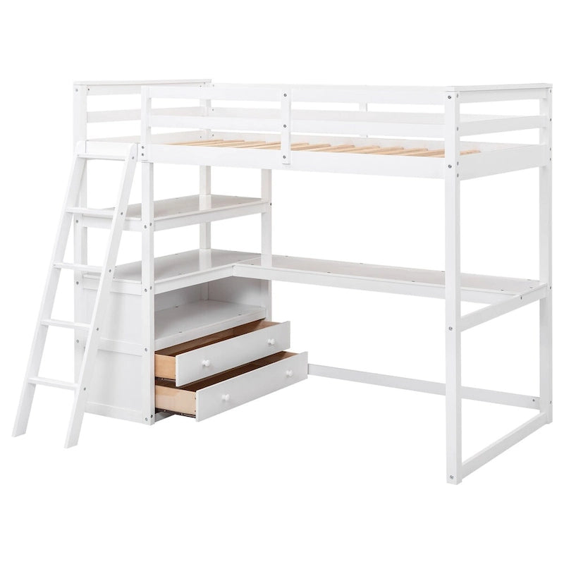 White Loft Bed with Desk and Shelves, Two Built-in Drawers