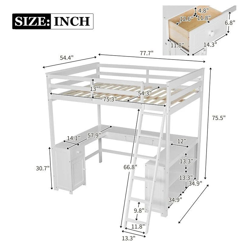 Full Size Loft Bed with U-shaped Desk, Cabinet and Storage Shelves