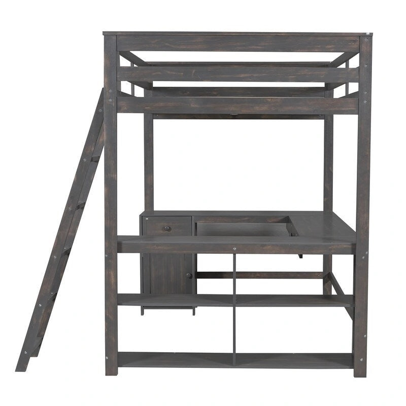 Full Size Loft Bed with U-shaped Desk, Cabinet and Storage Shelves