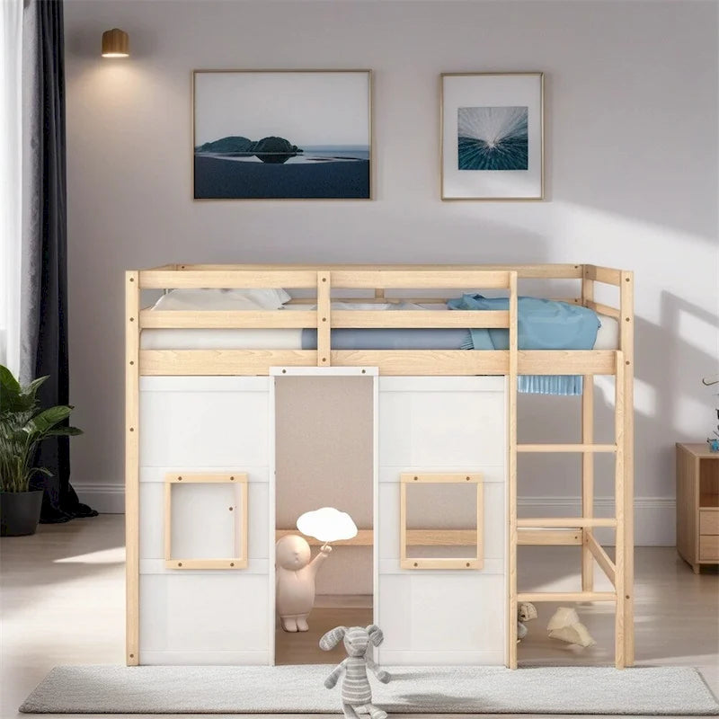 Twin Size Wood Loft Bed with Built-in Storage Wardrobe and Guardrails