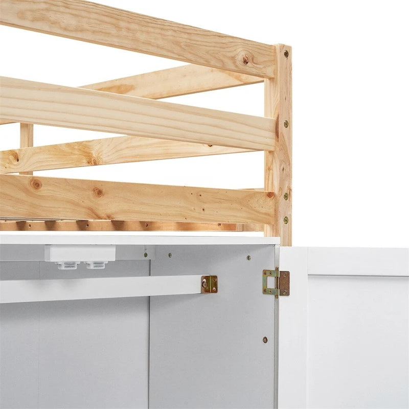 Twin Size Wood Loft Bed with Built-in Storage Wardrobe and Guardrails