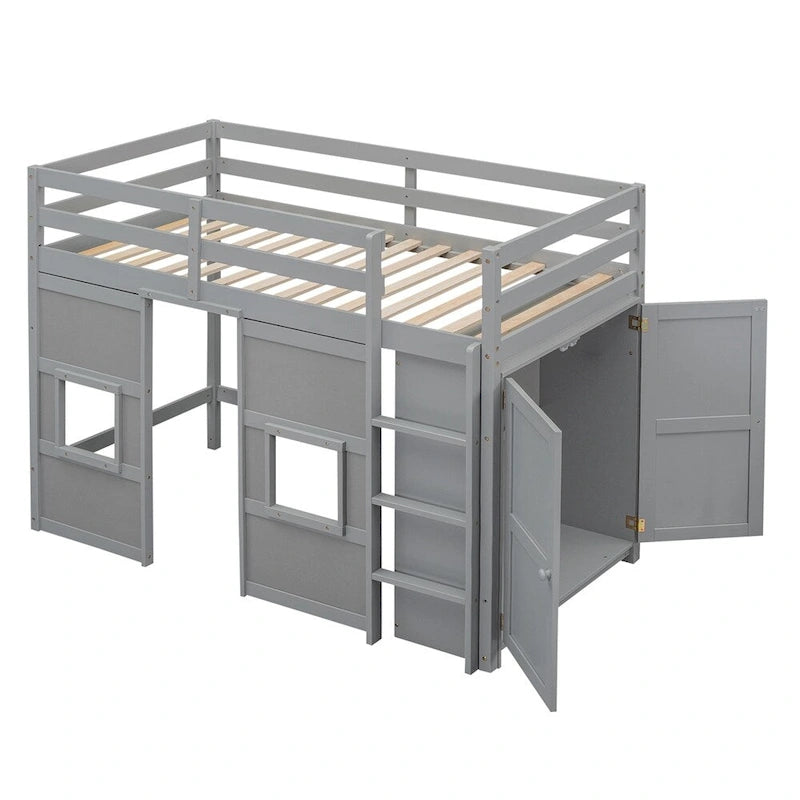 Twin Size Wood Loft Bed with Built-in Storage Wardrobe and Guardrails