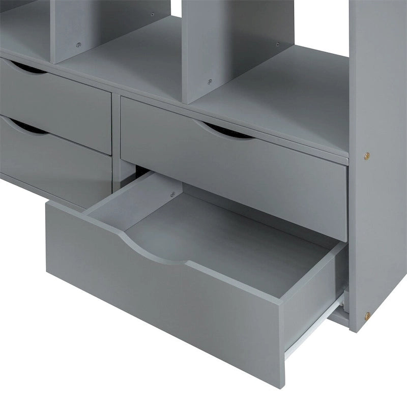 Twin Size Loft Bed With Large Shelves, Writing Desk And Led Light