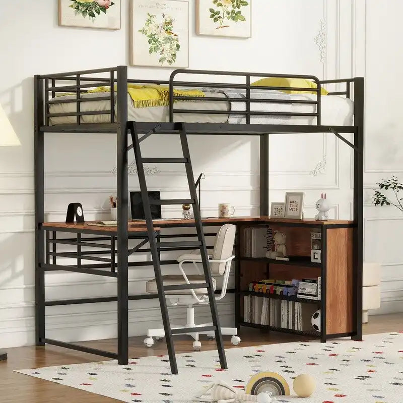 Twin Size Metal Loft Bed with L-shaped Desk and 3 Layers of Shelves