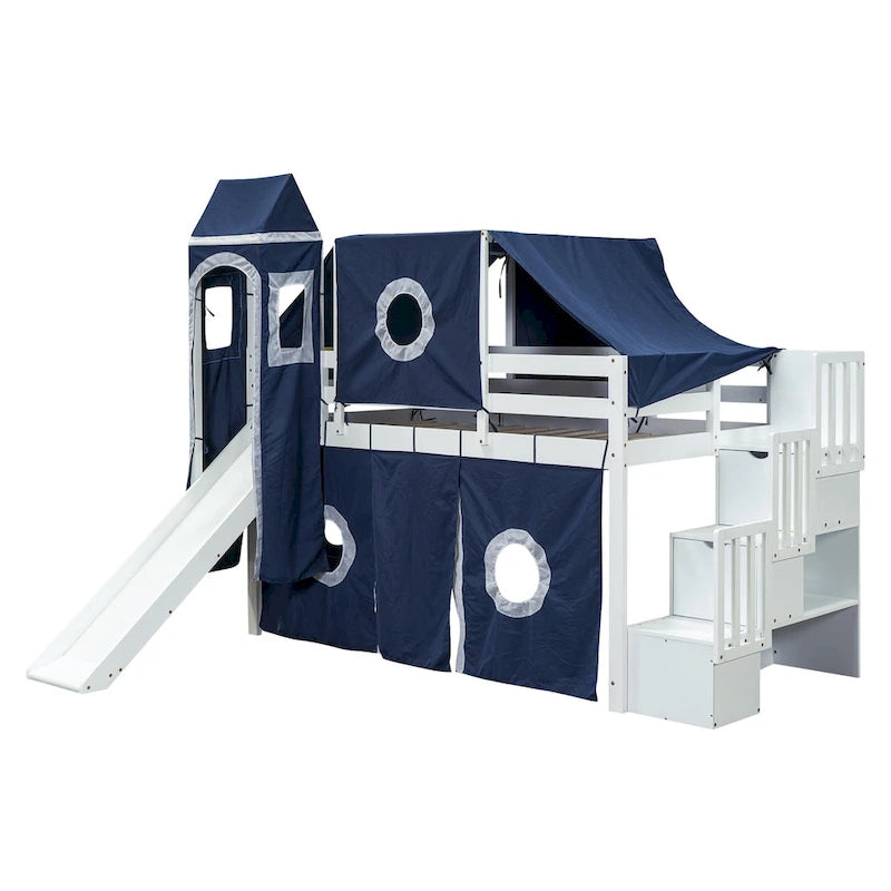 Blue Pine Wood Loft Bed with Storage Staircase and Slide, Tent and Tower, Full-Length Guardrail
