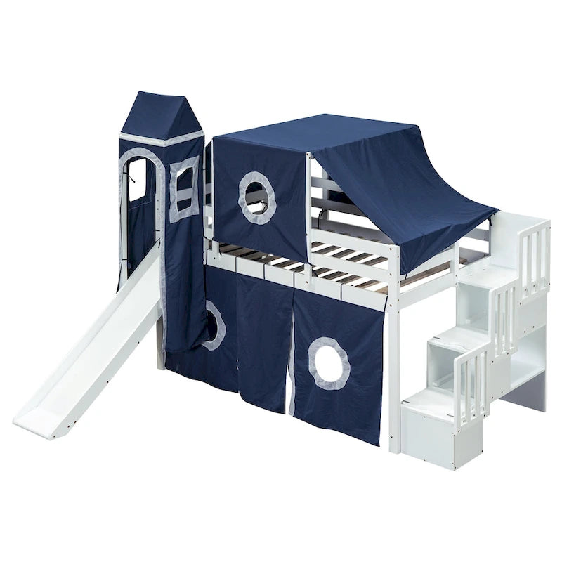 Blue Pine Wood Loft Bed with Storage Staircase and Slide, Tent and Tower, Full-Length Guardrail