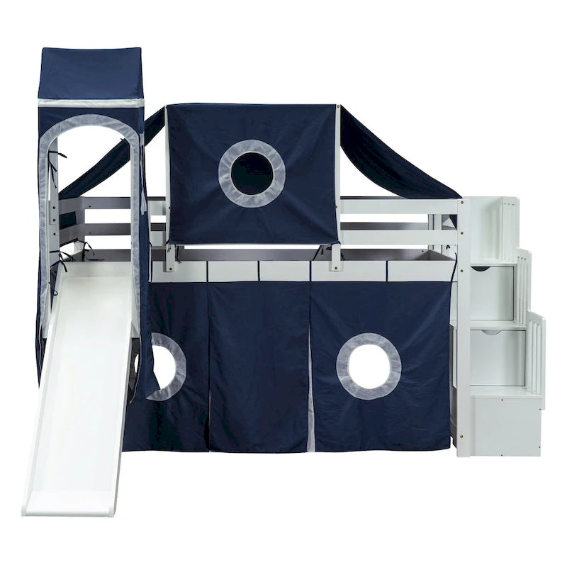 Blue Pine Wood Loft Bed with Storage Staircase and Slide, Tent and Tower, Full-Length Guardrail