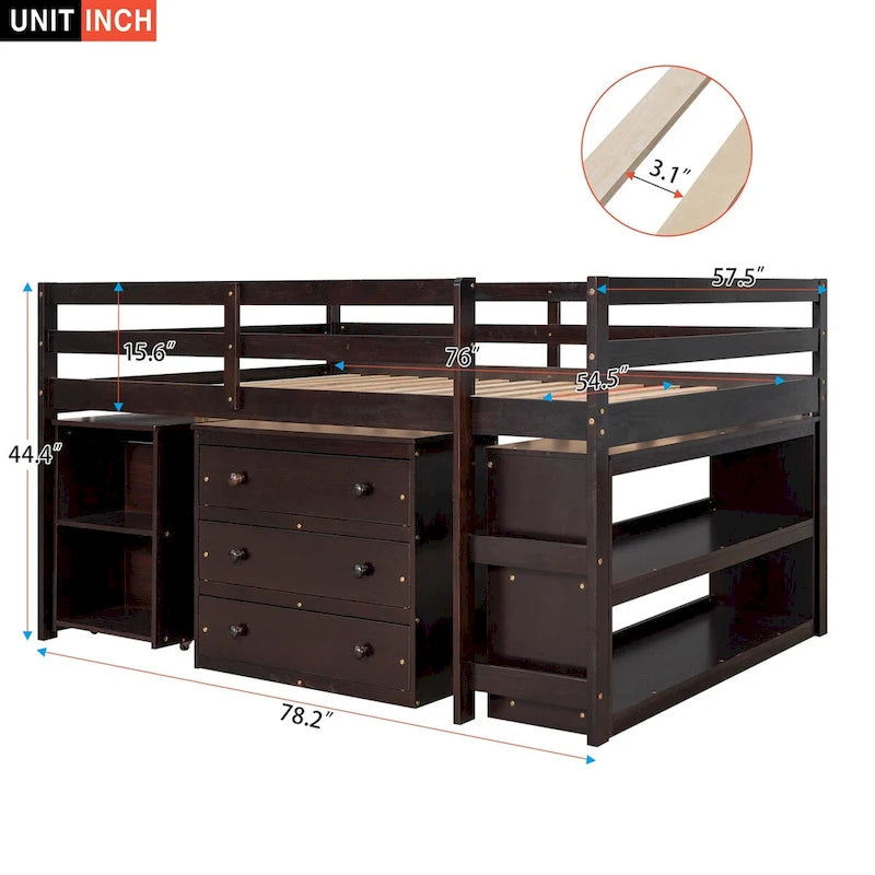 Espresso Pine Wood Multifunctional Loft Bed with Movable Desk, Modular Bookshelf, Chest of Drawers