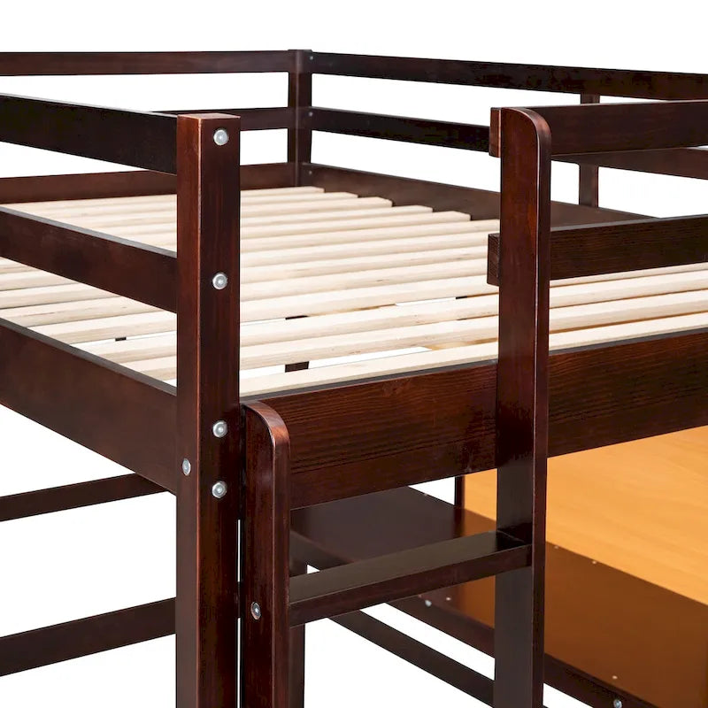 Espresso Pine Wood Loft Bed with Desk and Cabinet, Writing Board, Full-Length Guardrail