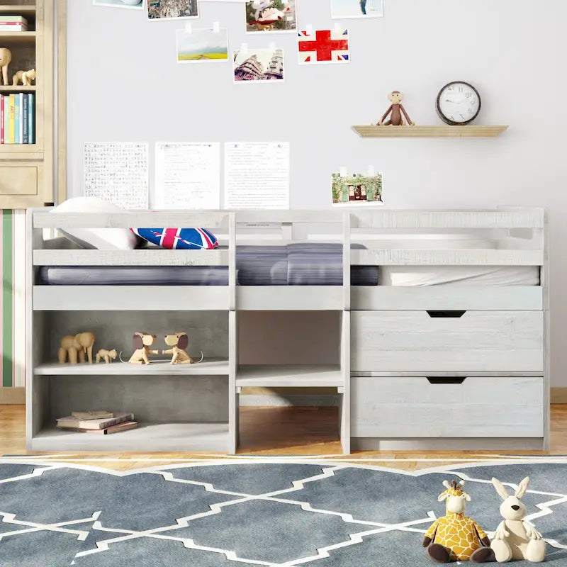 Twin Loft Bed with Shelves and drawers
