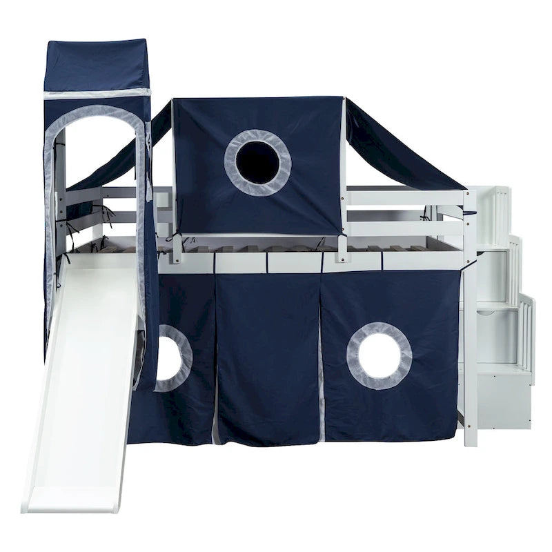 Blue Full Size Castle style Loft Bed with Storage Staircase and Slide